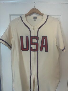 Ebbets Field Flannels USA Cream Baseball Jersey with Red and Navy Trim